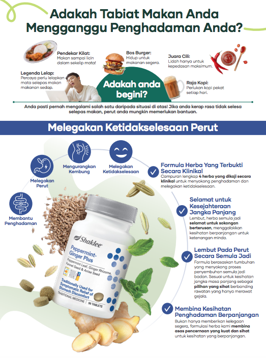 Peppermint Ginger Plus menggunakan gabungan herba yang terbukti secara klinikal untuk menenangkan dan meredakan ketidakselesaan sistem pencernaan