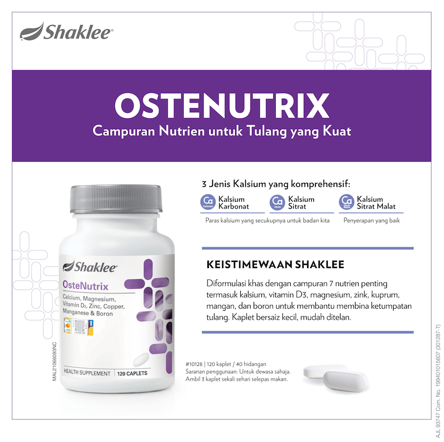 Formulasi khas kalsium dan vitamin D dalam Ostenutrix Shaklee sebagai cadangan supplement untuk pemulihan sakit sendi